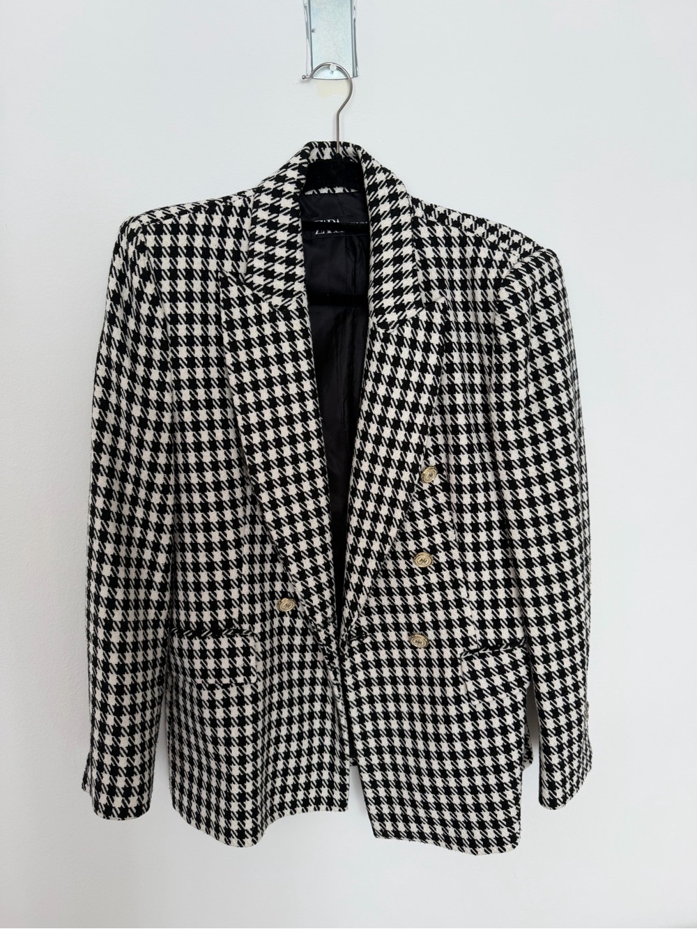 Zara Black and White Houndstooth Double-Breasted Blazer